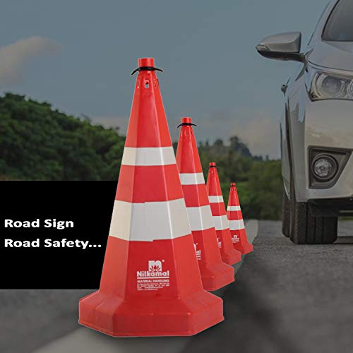 Image of LADWA Nilkamal Road Traffic Safety Cone, Pack of 4 Cones 750mm, with 4 mtr Chain + 4 Hooks, (Safety Cone, Traffic Safety Cone, Road Safety Cone with Reflective Strips Collar).