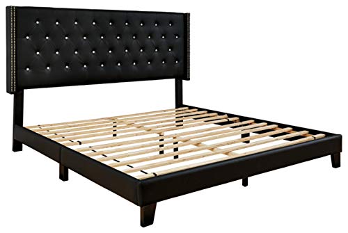 Signature Design By Ashley Vintasso Glam Button-Tufted Faux Leather Platform Bed With Rhinestones, Queen, Black #TOP2