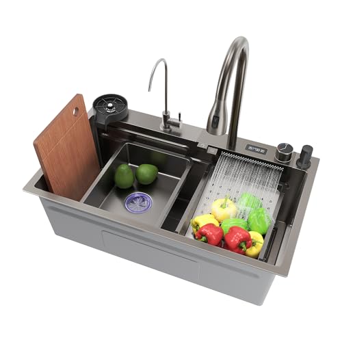SIRHONA Évier de Cuisine avec Cascade, Évier Multifonction 1 Bac en Inox 75x45 cm, Robinet Rétractable, Avec Affichage de la Température, Noir