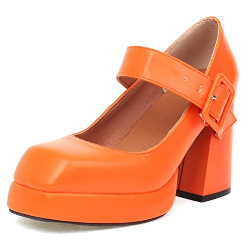 Lizoleor Mujer Correa De Tobillo Moda Punta Quadrada Charol Chunky Tacón Ancho Plataforma Pump Fiesta Tacón Alto Mary Jane Zapatos Naranja Talla 34 EU