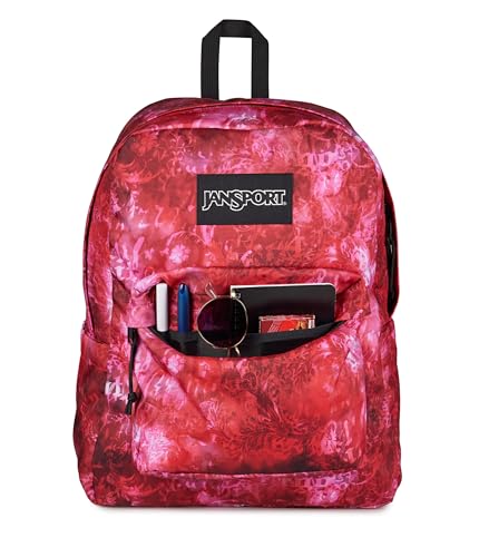 Image of JanSport SuperBreak Plus Backpack with Padded 15-inch Laptop Sleeve and Integrated Bottle Pocket - Spacious and Durable Daypack for Work and Travel, Afflicted Dyed Red /White /Black