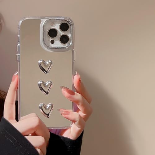 ZTOFERA Hülle für iPhone 12/12 Pro, Nette Silber 3D Liebe Herz Transparent Makeup Spiegel Hülle, Flexible stoßfeste Anti-Kratz Schutzhülle für iPhone 12/iPhone 12 Pro 6,1 - 3 Herzen