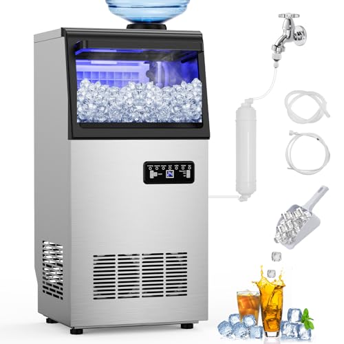 Commercial Ice Maker Machine 130 LBS/24H, 45 Ice Trays Freestanding & Undercounter Ice Machine Stainless Steel with 20 LBS Ice Storage Capacity, Ice Maker with Water Line and Filter, Dual Water Inlet