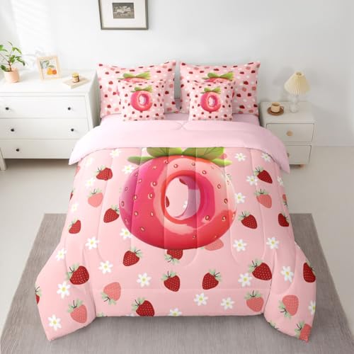 Image of Feelyou Girls Pink Red Strawberry Comforter Set with Sheets 7 Piece Full Size Initial Letter O Bed in a Bag Kids Boys Girls Princess Strawberry Bedding Set Bedroom Decor