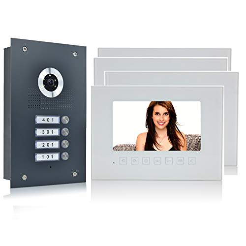 2 Draht Bus 4 Familienhaus Türsprechanlage Gegensprechanlage Fischaugenkamera 170°, 4x7'' Monitor weiß Außenstation Anthrazit