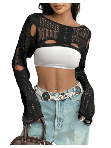 GORGLITTER Women's Hollow Out Sheer Bolero Shrugs Boat Neck Long Sleeve Sexy Crop Jumper Sweater Ripped Crochet Tops Black Small