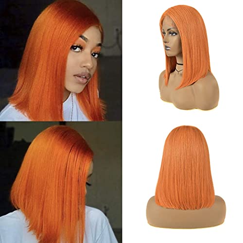LVWIGXE Short Wigs China Virgin Hair with Baby Hair 13X4X1 T Part Hairline Silky Straight Bob Wigs for Black Women 180% Density Lace Front Wigs Human Hair 14 Inch, Orange (T Part )