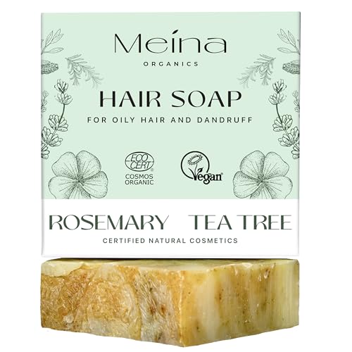 Meina Organic Hair Soap Bar for Dandruff and Oily Hair with Rosemary Oil and Tea Tree Oil, 100% Natural Certified, Shampoo Bar Substitute, Vegan, Plastic Free, Perfect for Travel, 80g