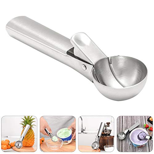 Cabilock Colher de sorvete de aço inoxidável com gatilho fácil, colher de biscoito de melão com alça