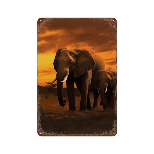 Éléphant coucher de soleil tableau en métal vintage pour l'ambiance chaleureuse d'un café