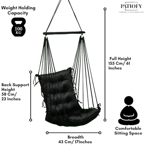 Image of Patiofy Jhula for Balcony /Swing for Balcony for Adult /Jhoola for Home /Wooden Swing Indoor /Hammock /Suitable for Indoor & Outdoor / 120Kgs Weight Bearing Capacity (Black)