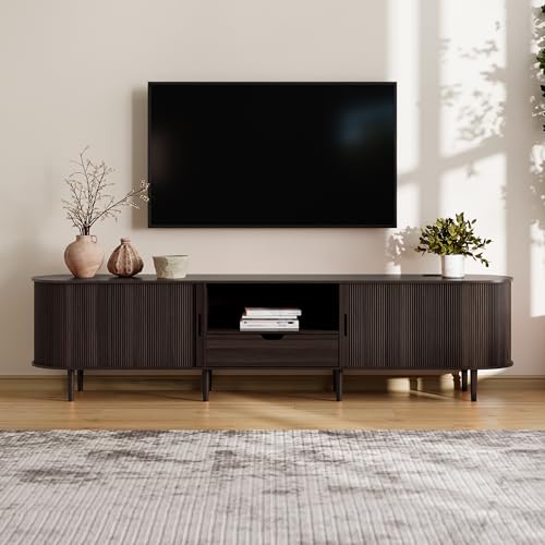 Image of DHH 86.6 inch Fluted TV Stand with Power Outlet for TVs up to 90 inch, TV Console with Adjustable Shelves and Sliding Door,Mid Century Modern Entertainment Center for Living Room,Bedroom (Dark Walnut)
