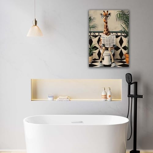 Qiukoo Wandkunst, lustiger Giraffen-Toilettendruck, gerahmtes Leinwandbild für Badezimmerbilder und Dekor, wasserdichte WC-Wandkunst mit Rahmen und Haken zum Aufhängen, 30,5 x 40,6 cm