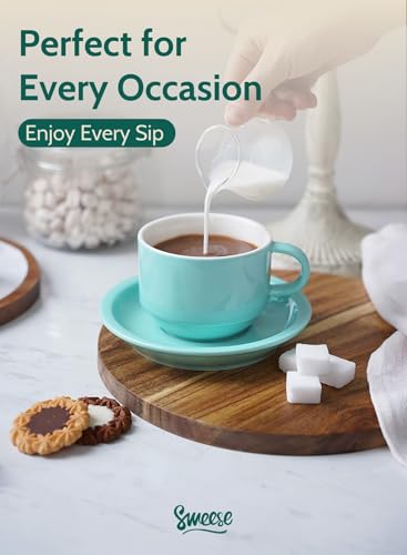 Image of Sweese 8 Ounce Porcelain Stackable Cappuccino Cups with Saucers and Metal Stand - for Specialty Coffee Drinks, Cappuccino, Latte, Americano and Tea - Set of 4, Turquoise
