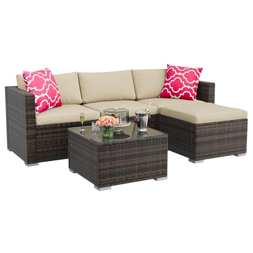 Image of GAOMON 5-Piece All-Weather Patio Furniture Set, Convertible Outdoor Sectional Sofa with Ottoman & Tempered Glass Table, PE Rattan Conversation Set for Garden, Backyard, Porch, Poolside