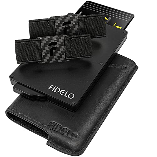 Fidelo Minimalist Wallet for Men - RFID Blocking Pop up Wallet Credit Card Holder, Slim Wallet for Men 6063 Aluminum Wallet with a Card Clip Holder with a Removable Leather Case - Vintage Black, Black