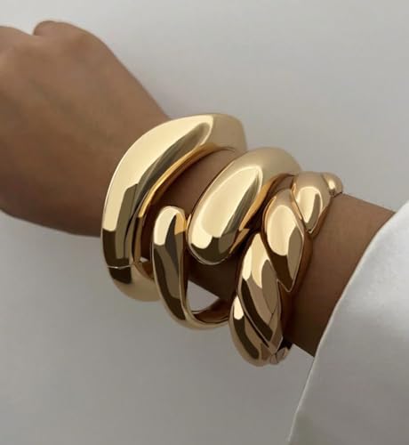 Image of Chunky Gold Bangle Bracelets for Women, Dainty 14k Gold Plated Big Stackable Bangles Set, Trendy Statement Cuff Bracelet Stack Fashion Jewelry Gifts
