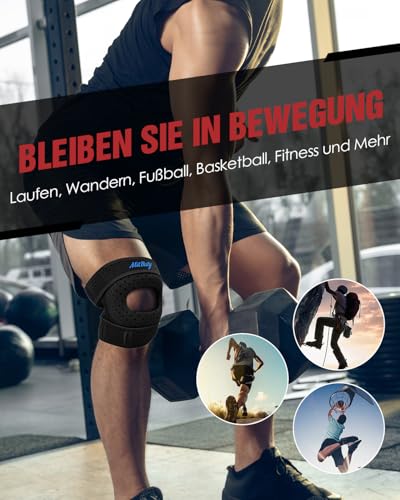 MitButy Kniebandage für Männer & Damen – Verstellbare Bandage Knie mit offener Patella & Integrierte Gel-Polster – Kniegelenkbandage zum Laufen, Gehen, Fitness, bei Gelenkbeschwerden– Kniemanschette