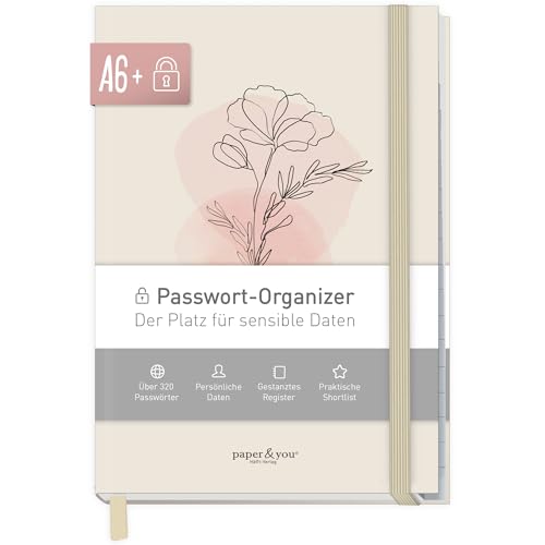paper&you® Libro password A6+ con registro A-Z 'Dainty Flower' per 320 dati di accesso, piccolo password manager, libro password tedesco - sostenibile e rispettoso del clima