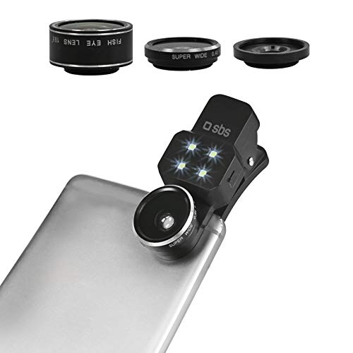 SBS Kit Lenti per Smartphone con Fisheye, Wide, Macro e Flash, Fissaggio a Clip, Sacchetto Contenitore, Cavo di Ricarica per Flash Incluso