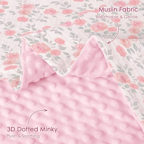 Image of SANDJEST Pink Rose Minky Muslin & Dotted Blanket 30x40 in Gift for Holiday, Gender Reveal Party, Hospital Visit, Baptism