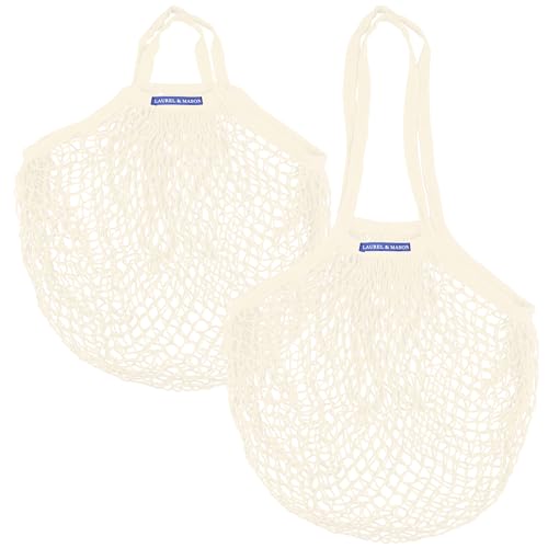 Laurel & Mason 2 bolsas de compras de malla de algodón, reutilizables, organizador para comestibles de playa, crema, 38 x 36cm