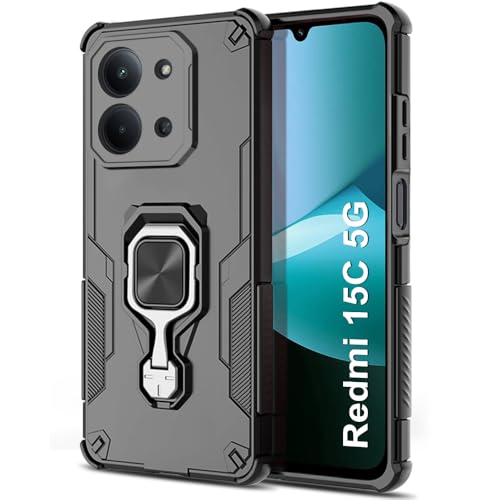 Image of TheGiftKart Tough Armor Bumper Back Case Cover for Redmi 15C 5G | Ring Holder & Kickstand in-Built | 360 Degree Protection Back Case Cover for Redmi 15C 5G (PC & TPU, Black)