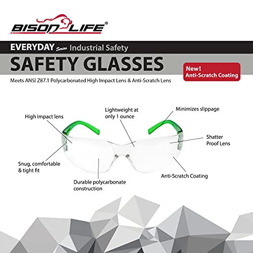 Image of BISON LIFE Clear /Green Safety Glasses for Men & Women, ANSI Z87.1, 144 Pack | Scratch & Impact Resistant Wraparound Safety Goggles, UV Protection Eyewear for Work, Construction, Lab, Industrial