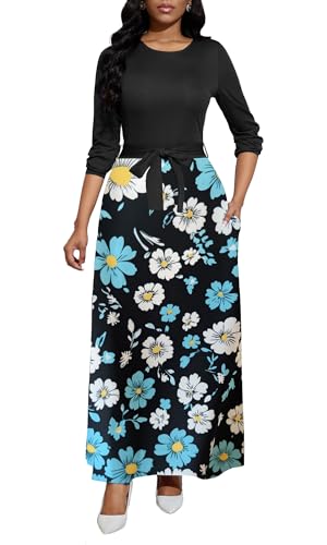 Image of BubFee Long Dress for Women Casual Long Sleeve Dresses Maxi Dress Empire Waist Loose with Belt