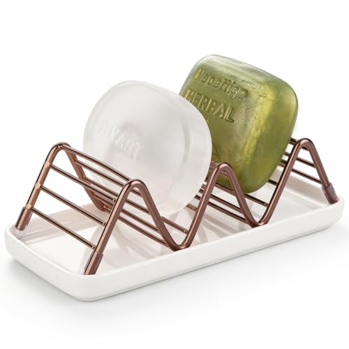 Stainless Steel Soap Dish Draining Soap Holder with Ceramic Tray, Rose Gold