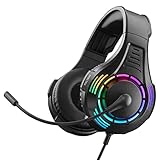 Auriculares estéreo para juegos con micrófono plegable. Compatible con todos todos los dispositivos con conexiones de 3,5 mm. Efecto de luz LED arco iris con 8 modos controlables desde los controles del auricular