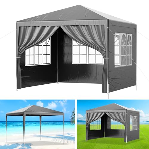 Gazebo 3 * 3m Waterproof UV Protection Party Tent, Garden Gazebos with Side Panels and Windows. Foldable Metal Frame Event Shelter. Suitable for Camping, Sporting Events, BBQ, Grey