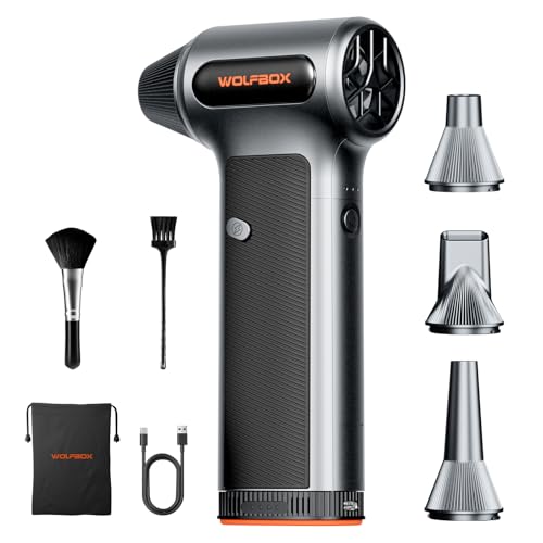 WOLFBOX MegaFlow200 Compressed Air Duster with Removable Battery 3-Speed Adjustable Cordless Air Blower with 4 Nozzles for Keyboard Car Home Outdoor Use