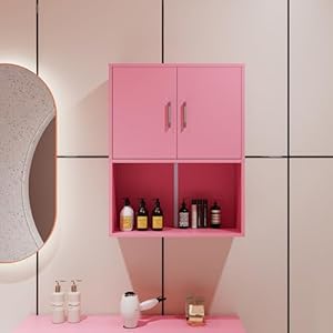 SSLine Modern Pink Wall Mounted Salon Cabinet Barber Shop Beauty Spa Locking Storage Cabinet with 2 Doors and Open Shelf Beauty Spa Equipment for Barber Salon Shop