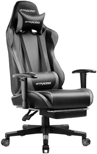GTRACING Footrest, Ergonomic Computer Game Desk, Reclining Gamer Chair Seat Height Adjustment Swivel Rocker with Headrest and Lumbar, Grey