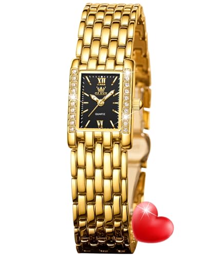 Image of OLEVS Watch for Women Stylish Analog Quartz Luxury Gold Stainless Steel Strap Diamond Black Dial Elegant Casual Ladies Watch