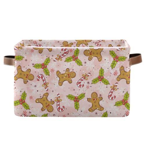 Image of Christmas Gingerbread Man Pink Storage Basket Fabric Kitchen Baskets Candy Cane Poinsettia Winter Open Home Storage Bins Boxes Foldable Organizer Bag for Xmas Decorations Baskets 16x12x8 Inches 2 Pack