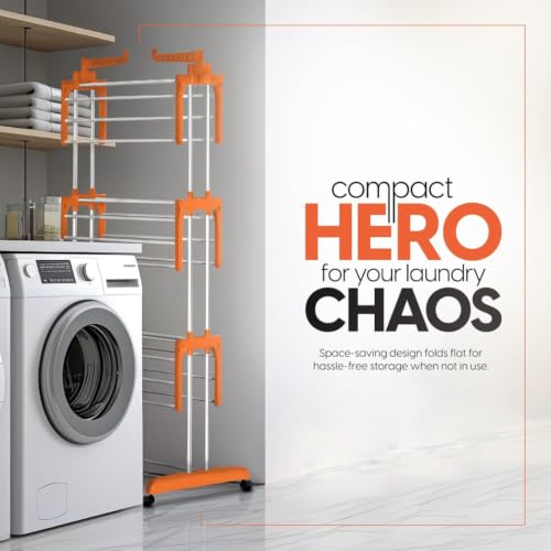 Image of HOUZA Stainless Steel Clothes Drying Stand | 3 Layer Foldable Cloth Dryer Stand with Wheels | 6 Foldable Wings - Orange