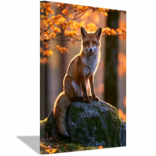 Toile renard de la forêt déco salon tableau automne 60x90cm encadré pour bureau moderne