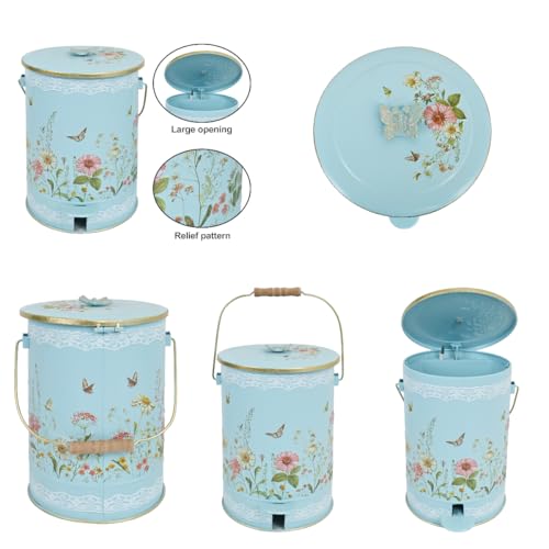 Image of White Floral Metal Step Trash Can with Lid, 8L Vintage Butterfly & Wildflower Decorative Waste Basket with Handles for Bathroom, Bedroom, Kitchen, 14.57 inch x 9.84 inch