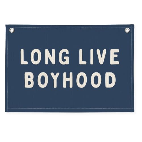 PLKMN Long Live Boyhood Banner, Canvas Wall Hanging Banner Flag for Nursery Playroom, Toddler Boys Kids Room Decor (Navy Blue)