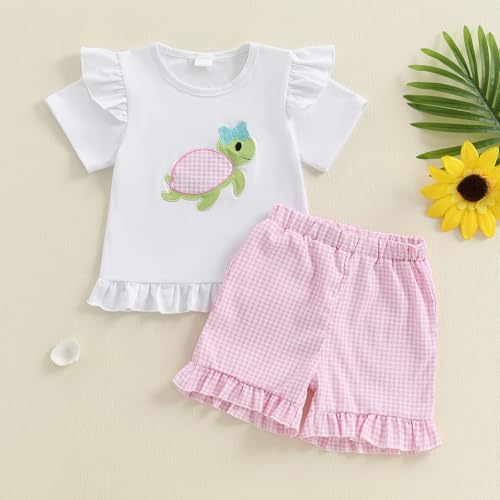 Toddler Baby Girl 2PCS Turtle Embroidered Short Sleeve Tops Elastic Waist Shorts Outfits Set2
