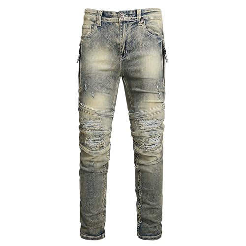 Men Ripped Jeans Fashion Slim Fit Traight Distressed Design Skinny Stretch Comfort Flex Waist Denim Pants