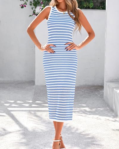Image of Zenlonr Women's Sleeveless Summer Dresses 2025 Casual Crochet Knit Sundress Striped Long Tank Dress Beach Slip Dress