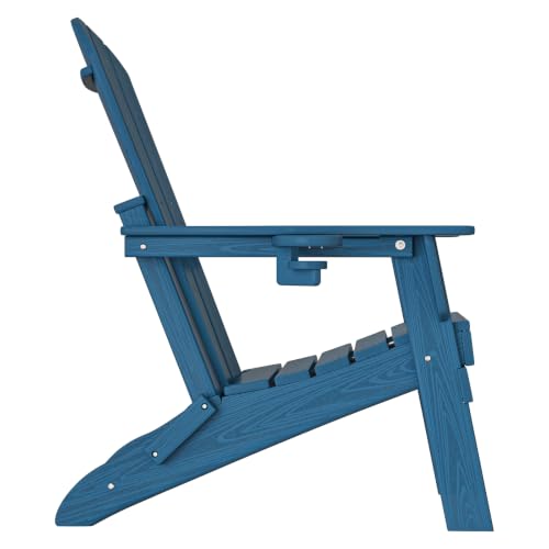 Image of Plawdlik Folding Adirondack Chair 12-piece Set, Cup Holder, Navy Blue | pin-free folding, 38-in tall back, Wood-grain All-weather HDPE; for fire pit, poolside, deck, backyard, patio