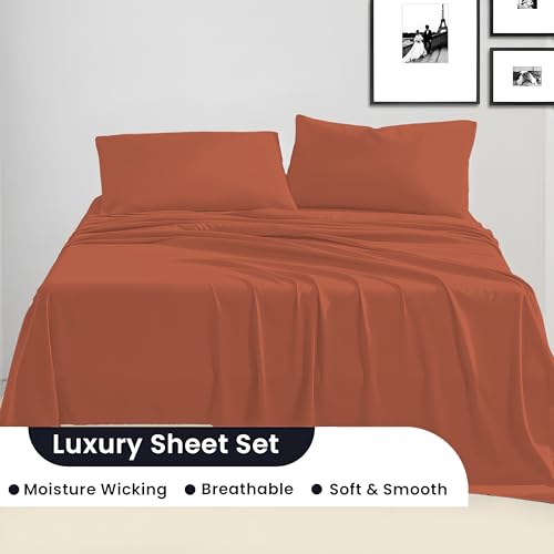 Image of SGI bedding Twin Bed Sheets Set - Premium 600 TC Egyptian Cotton, Crisp & Cooling Sateen Weave, Extra Soft Hotel Collection, Fits Mattresses Up to 16 Inch Deep, Breathable & Long Lasting - Terracotta