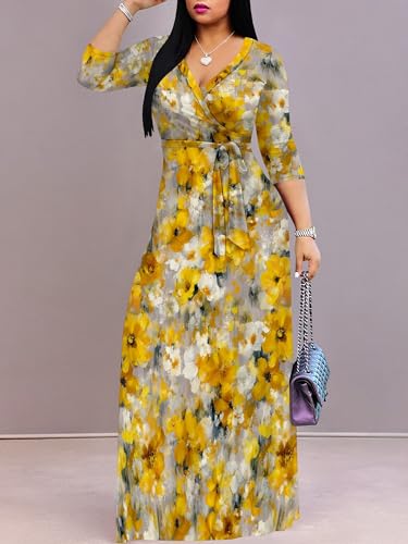 Image of Plus Size Dresses for Women Floral Print Maxi Dress Flowy 3 /4 Sleeve with Belt