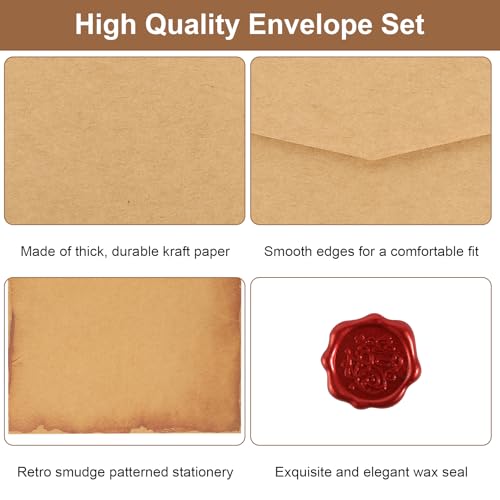 Vintage Briefpapier mit Umschlag, 16 Kraftpapier Umschläge 16 B6 Briefpapier und 16 Wachssiegel Aufkleber, Braun Briefumschläge B6 Briefumschläge Faltkarten für Geldgeschenke Dankeskarten Einladung