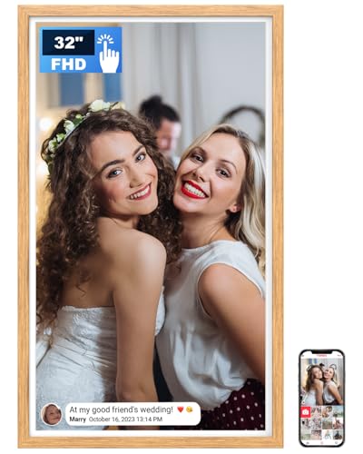 Arktronic Frameo 32 Inch Extra Large Digital Picture Frame Touchscreen, 64GB FHD IPS WiFi Digital Photo Frame, Wall-Mountable Auto-Rotate, Share Photo/Video via Apps/Email, USB/Mirco SD, Wood Pattern