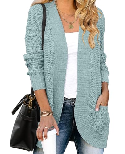 ZESICA Women's Fall Winter 2025 Long Sleeve Open Front Casual Lightweight Soft Knit Cardigan Sweater Outerwear,Mint,Small